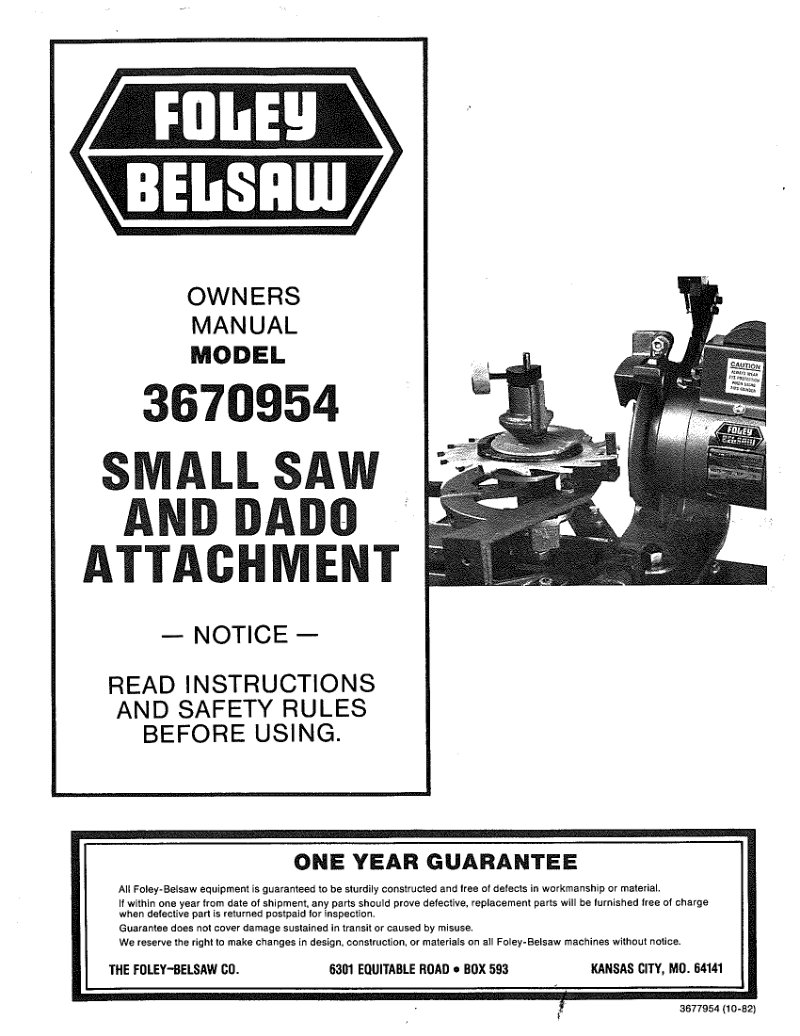 Foley Belsaw 3670954 Small Saw Owner's Manual