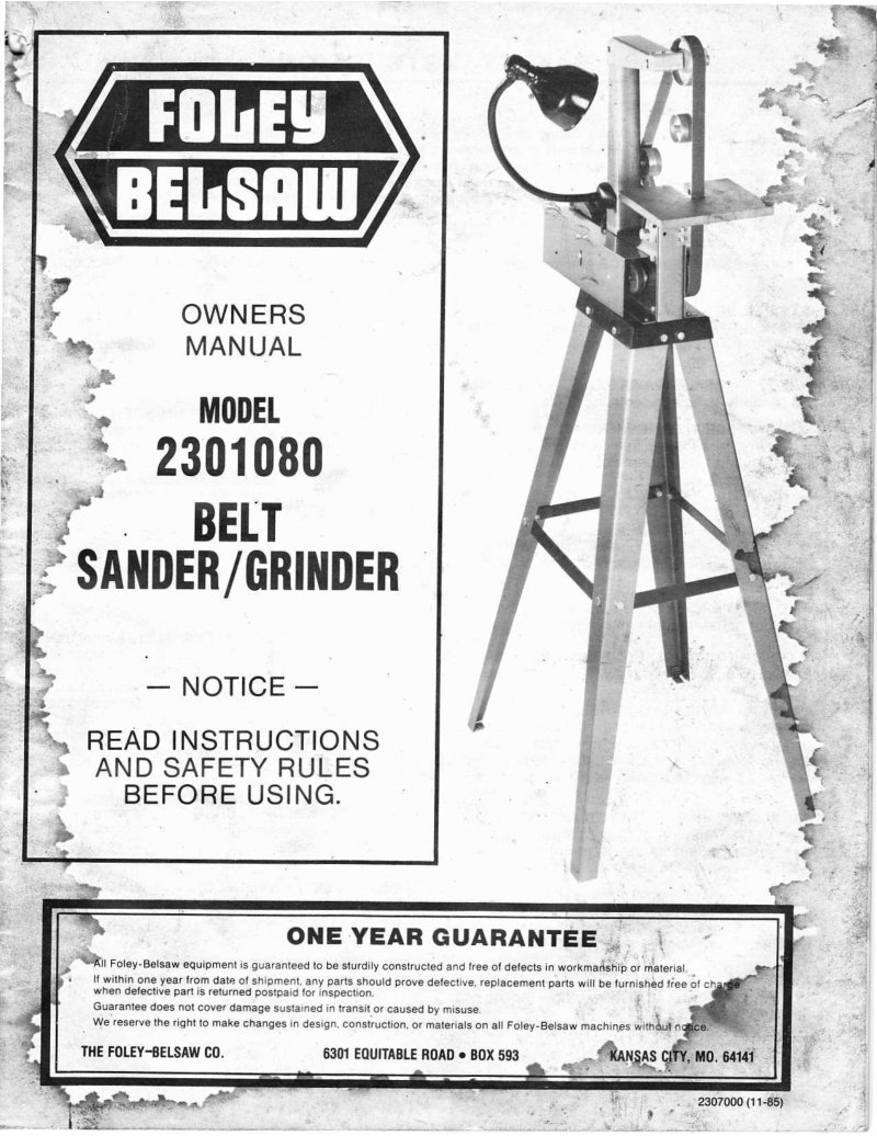 Model 2301080 Belt Sander/Grinder Owner's Manual