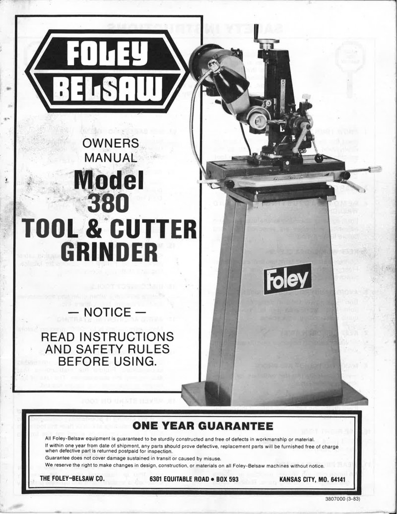 Model 380 Tool & Cutter Grinder Owner's Manual