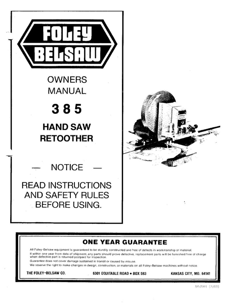 Model 385 Hand Saw Retoother Owner's Manual
