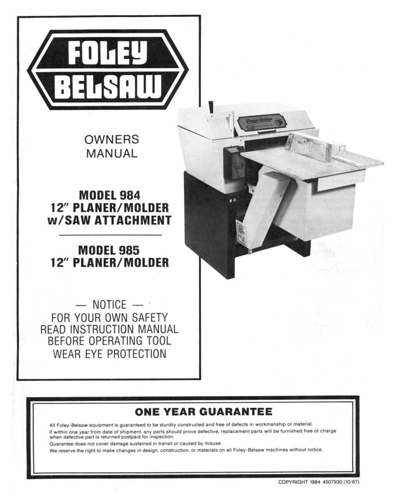 Model 984/985 Planer-Molder Owner's Manual