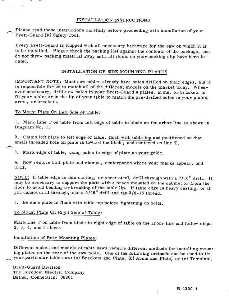 Brett-Guard Safety Tool Installation Instructions