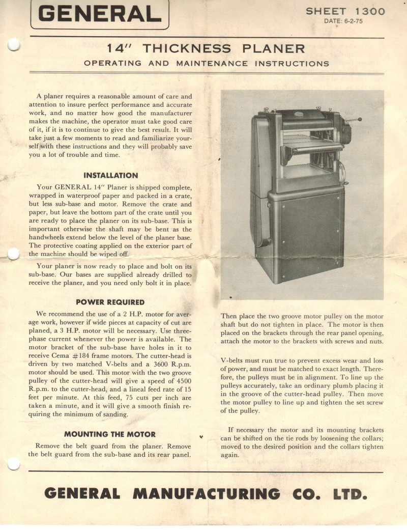 14 Inch Thickness Planer Operating Manual