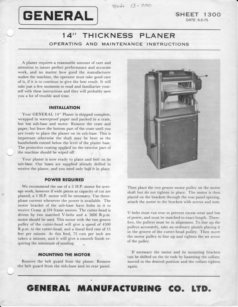 14 Thickness Planer Operating Manual