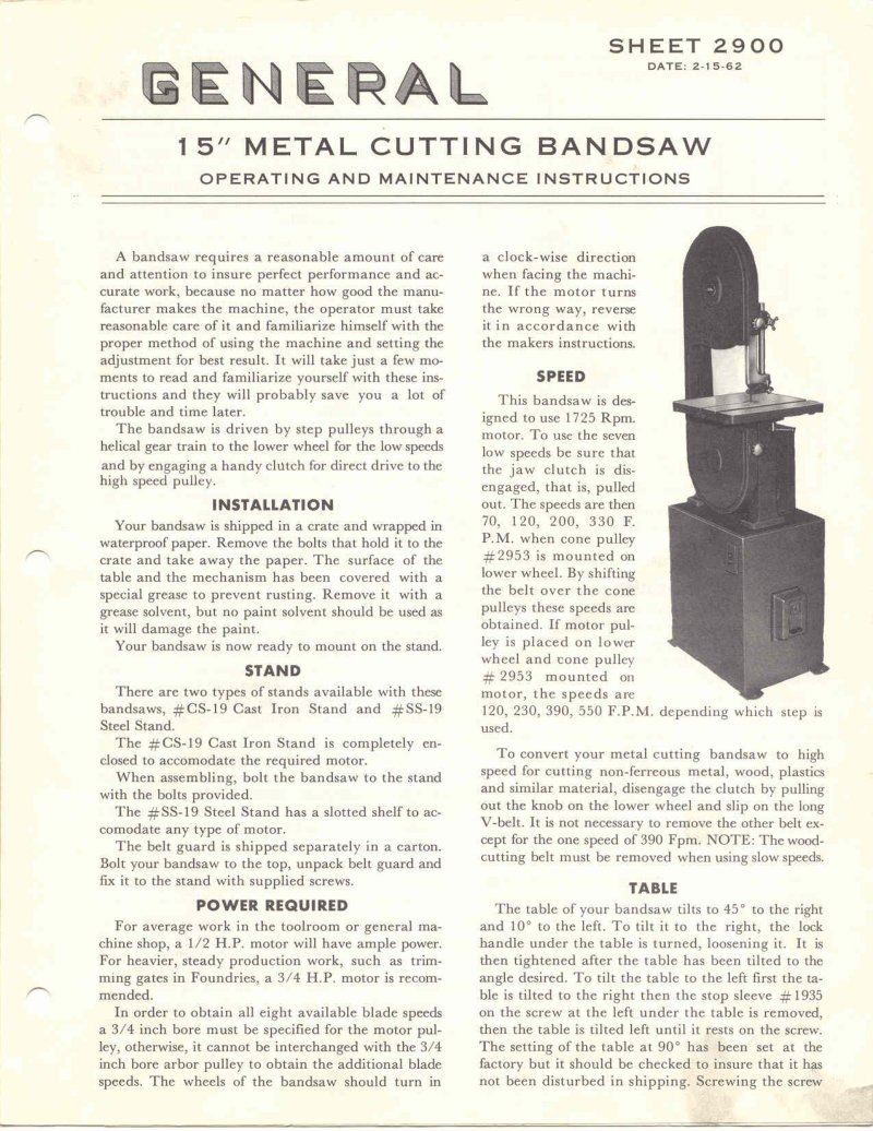 General 15in Metal Cutting Bandsaw Manual