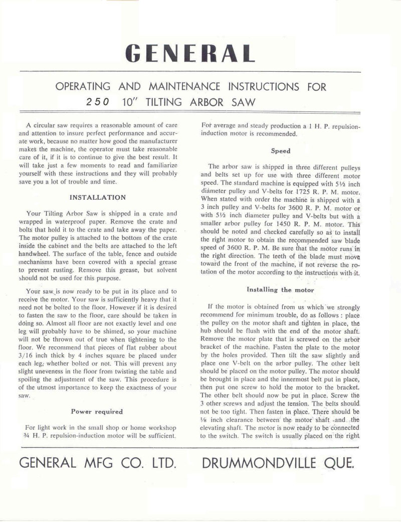 Model 250 10 inch Tilting Arbor Saw - Owner's Manual