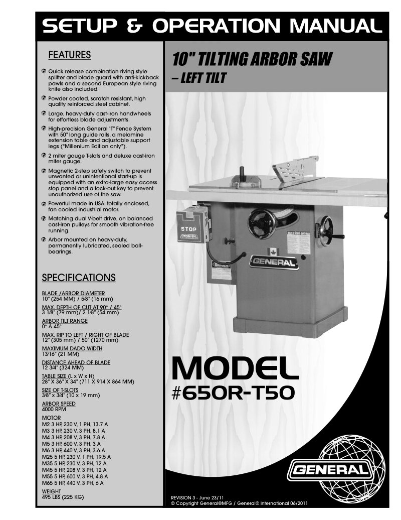 650R-T50 10" Tilting Arbor Saw Setup & Op Manual