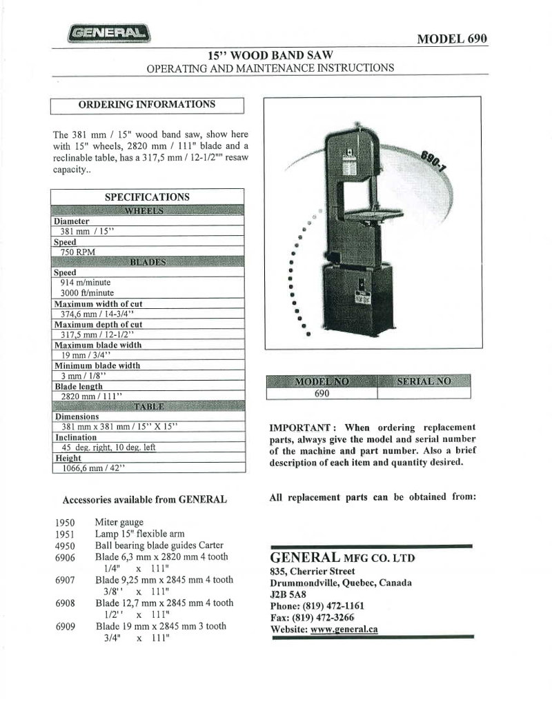 General 690 Band Saw Operating Manual