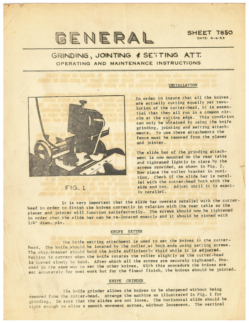 General 7850 Grinding Jointing Setting Manual
