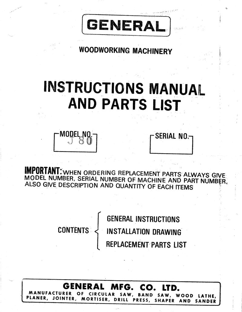 General J-80 4 inch Jointer Instructions Manual