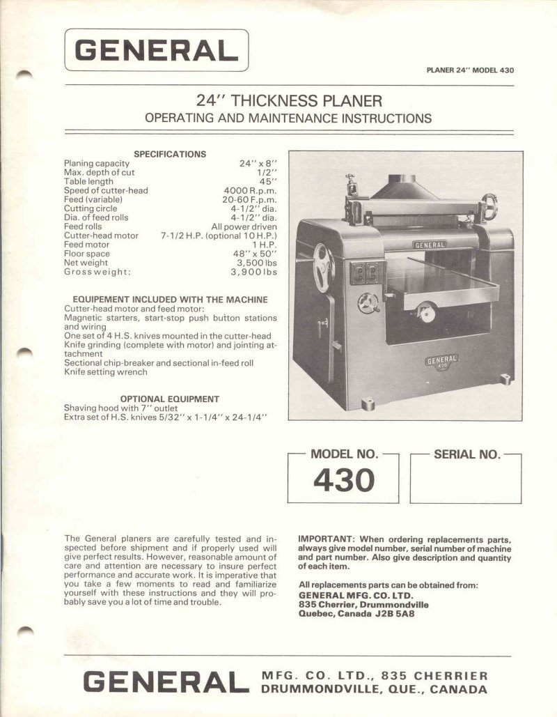 General Model 430 24in Planer Owner's Manual