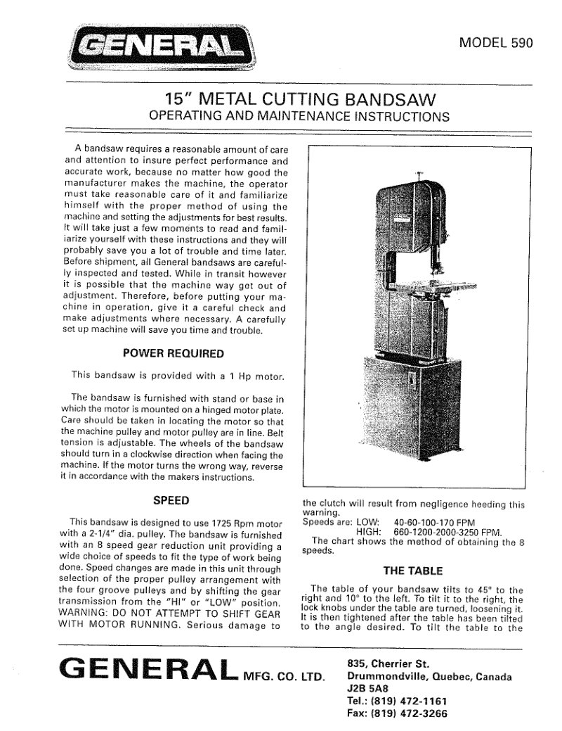 Model 590 15" Metal Cutting Bandsaw Operating Manual