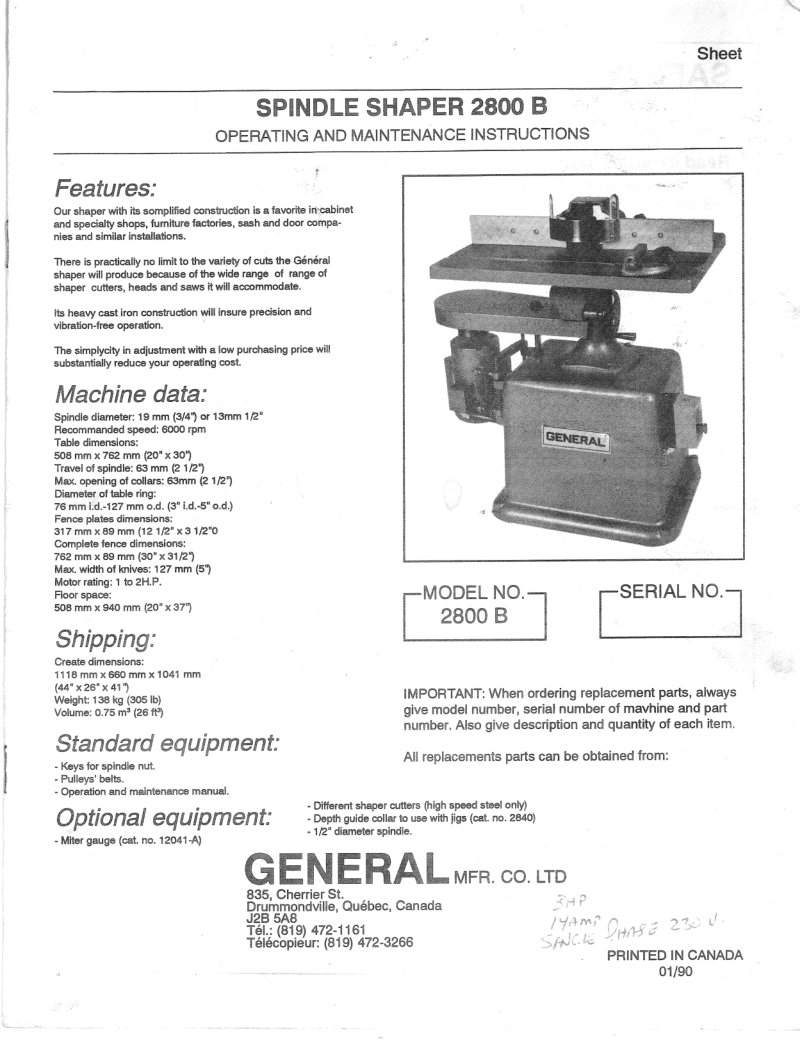 Spindle Shaper 2800 B Operating Manual