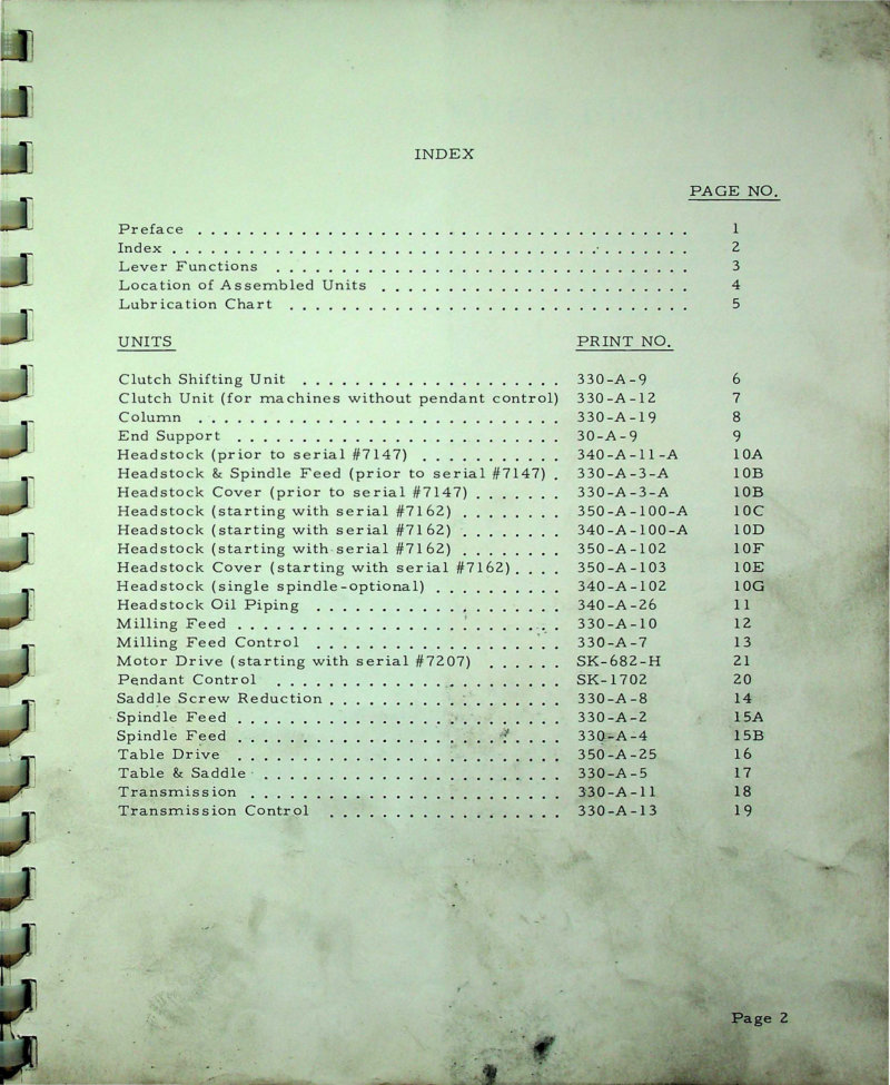 340-T Horizontal Boring Machine Parts List