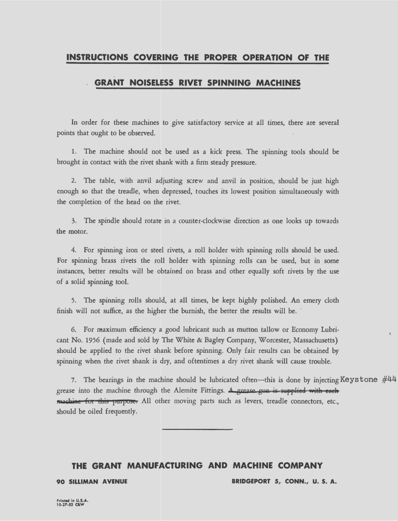 Grant 303 Rivet Spinner Operating Manual