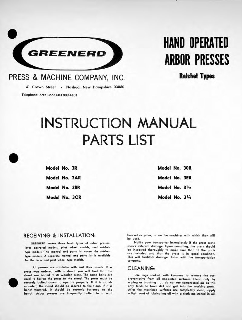 Hand Operated Arbor Presses Manual