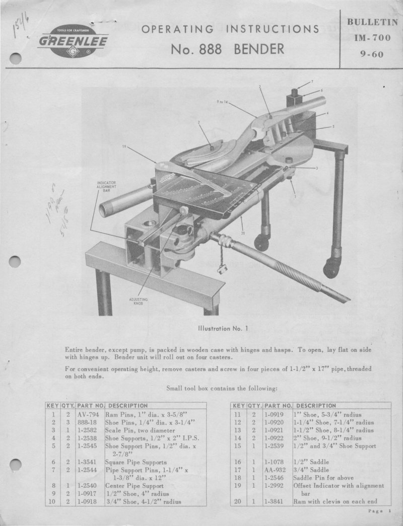 No. 888 Bender Operating Instructions
