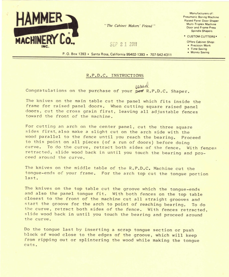 R.P.D.C. Shaper Operating Instructions