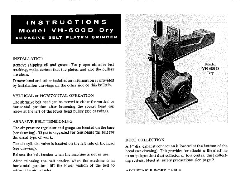 VH-600D Dry Abrasive Belt Grinder Instructions