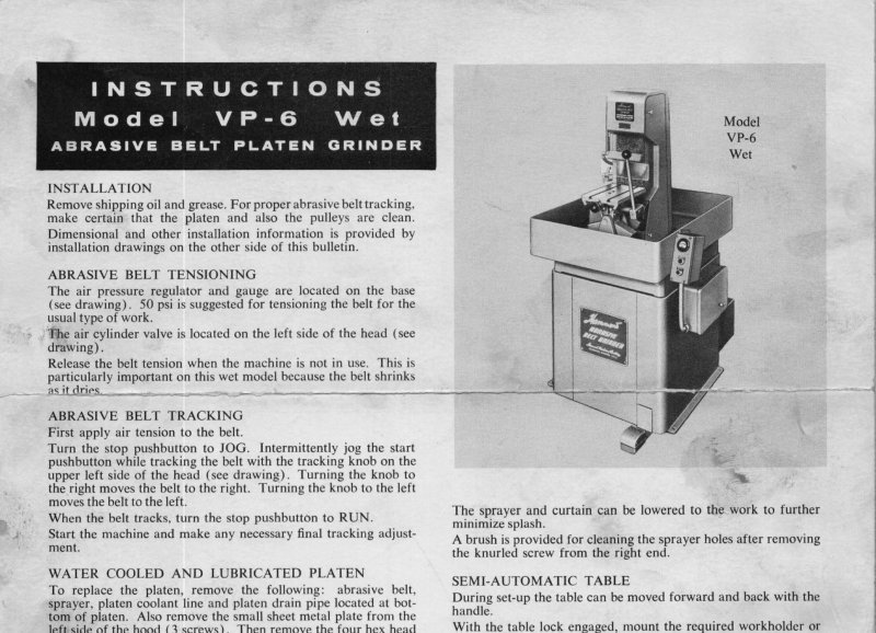 VP-6 Wet Abrasive Belt Platen Grinder Owner's Manual