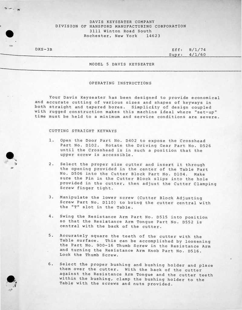 Model 5 Davis Keyseater Operating Manual