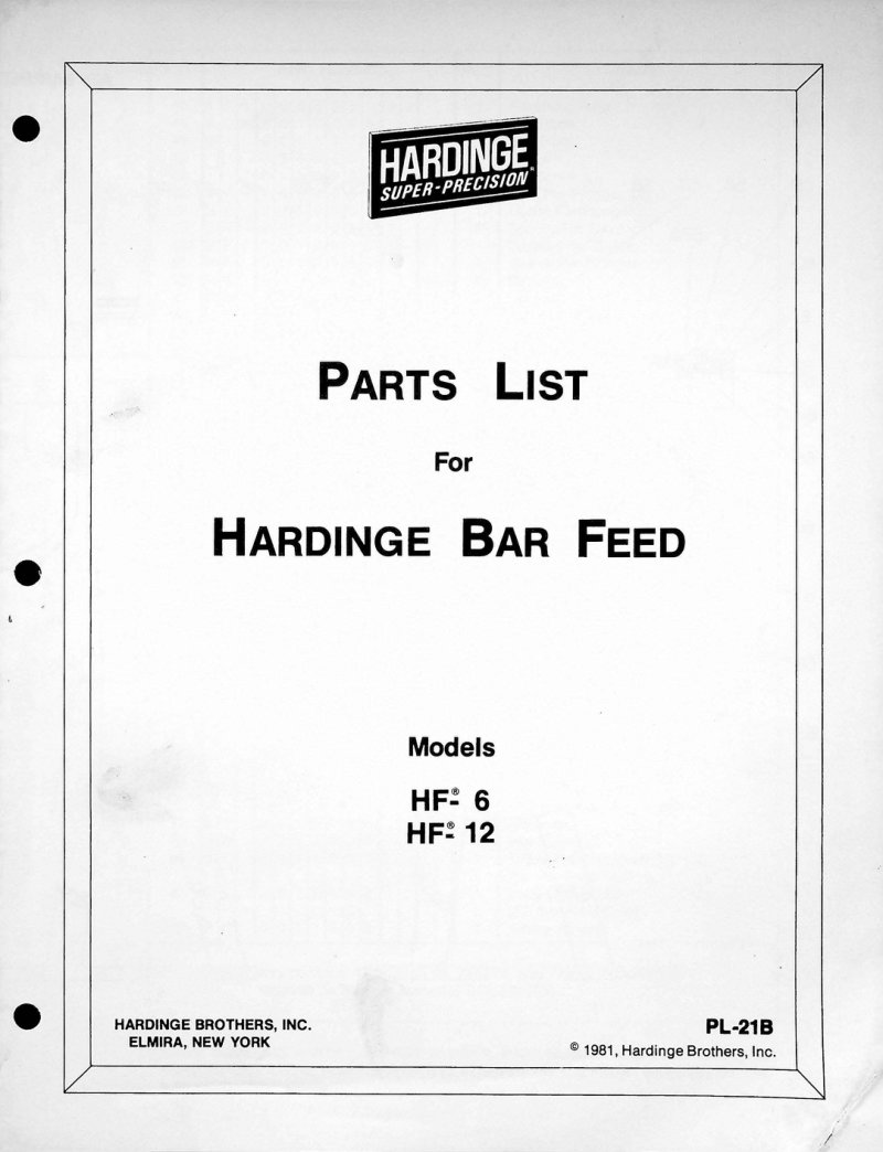 Hardinge Bar Feed HF-6/HF-12 Parts List