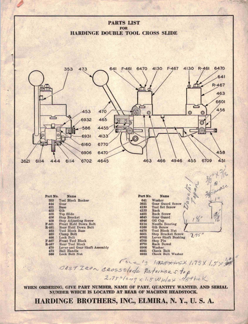 Hardinge Parts List - Cross Slide, Collet Closer, Headstock