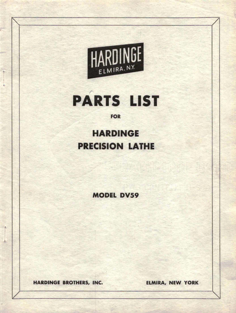 Hardinge DV59 Precision Lathe Parts List