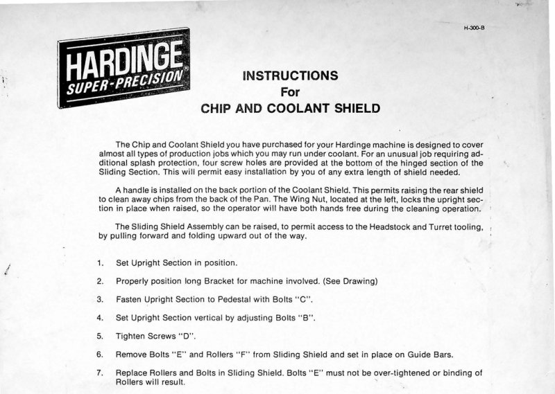 H-300-B Chip and Coolant Shield Owner's Manual