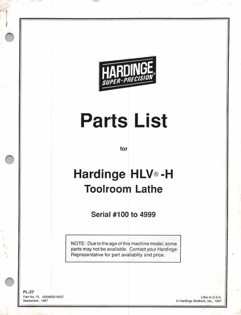 HLV-H Toolroom Lathe Parts List