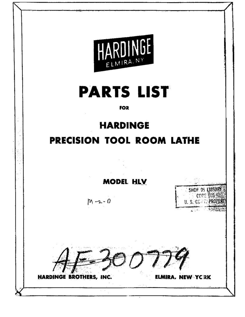 Hardinge HLV Precision Tool Room Lathe Parts List