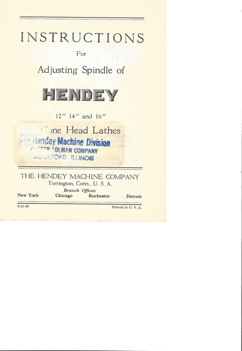 Hendey Lathe Spindle Adjustment Instructions
