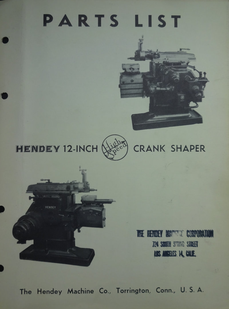Hendey 12-Inch Crank Shaper Parts List