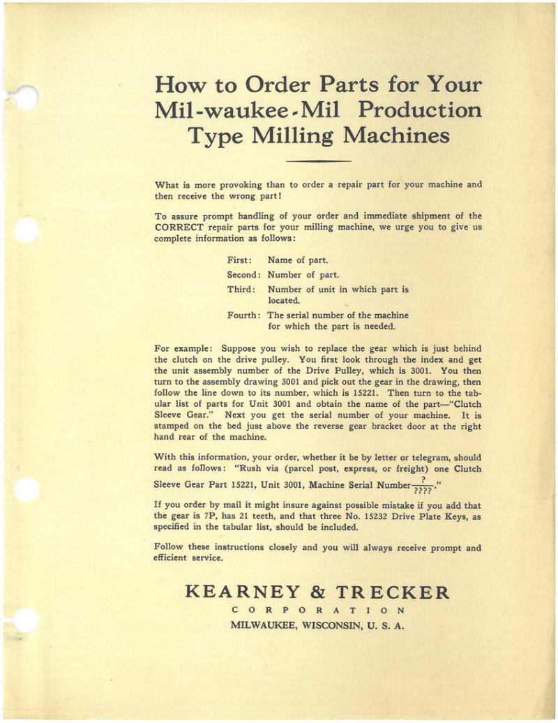 Milwaukee-Mil Production Milling Machines Parts List