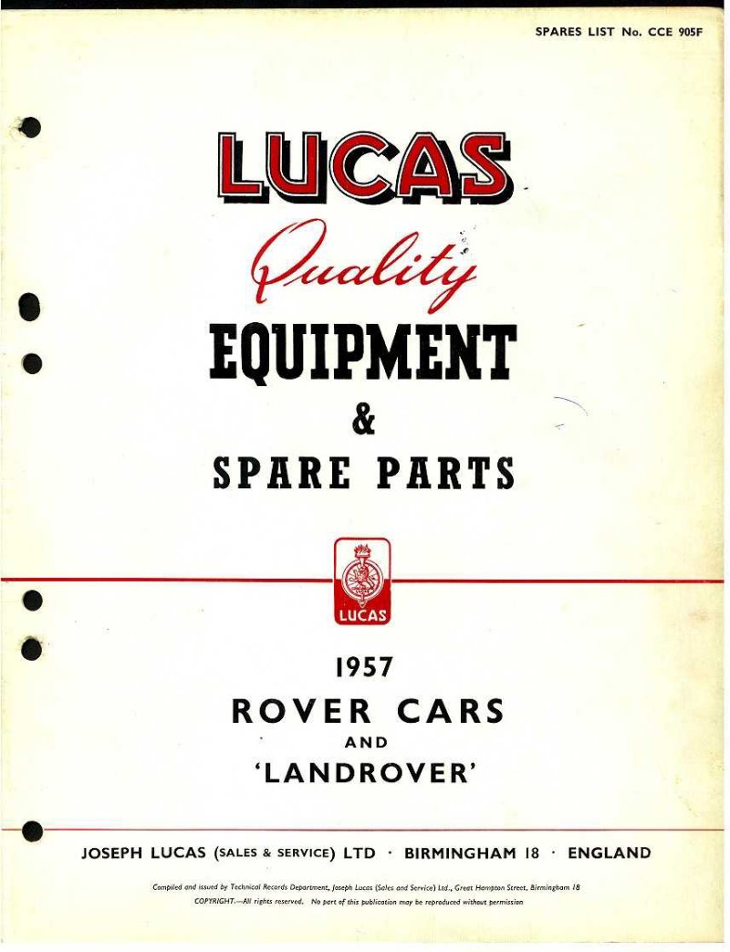 Lucas Equipment and Spare Parts for Rover and Landrover 1957