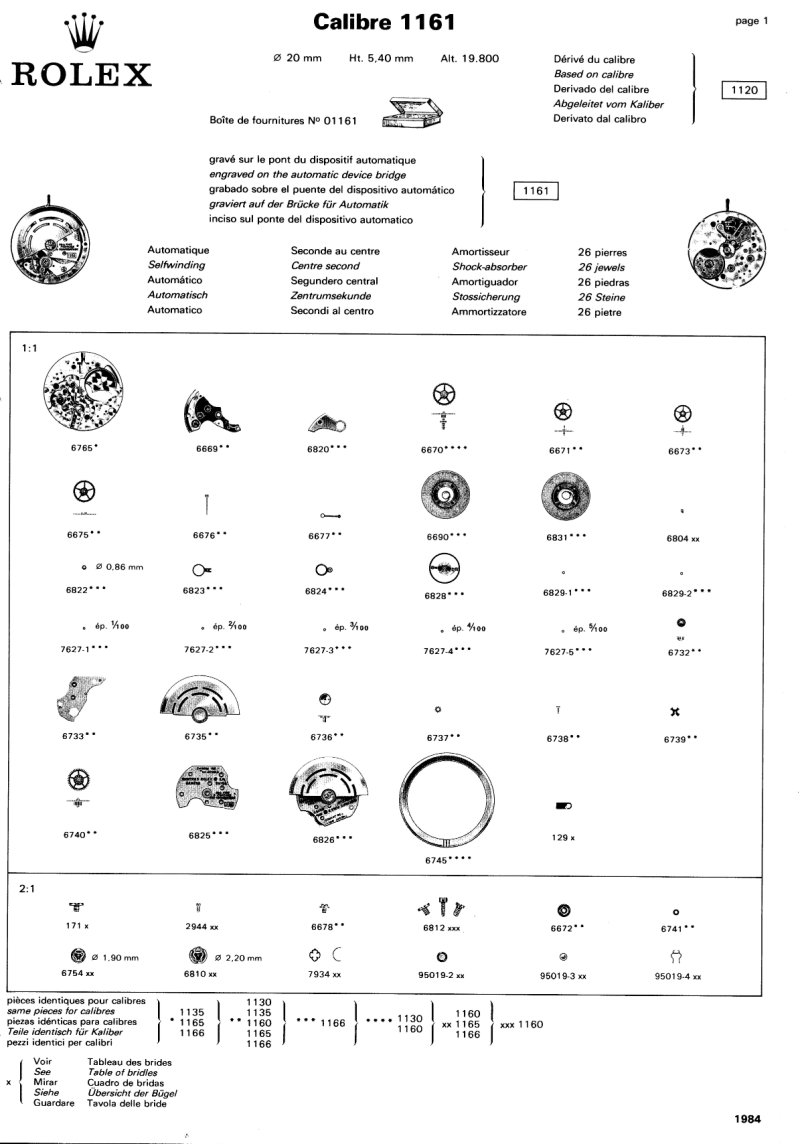Rolex Calibre 1161 Movement Parts List