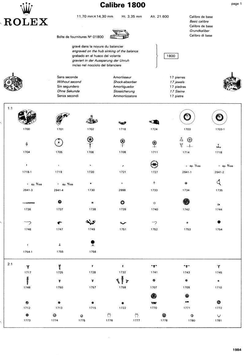 Rolex Calibre 1800 Movement Parts List