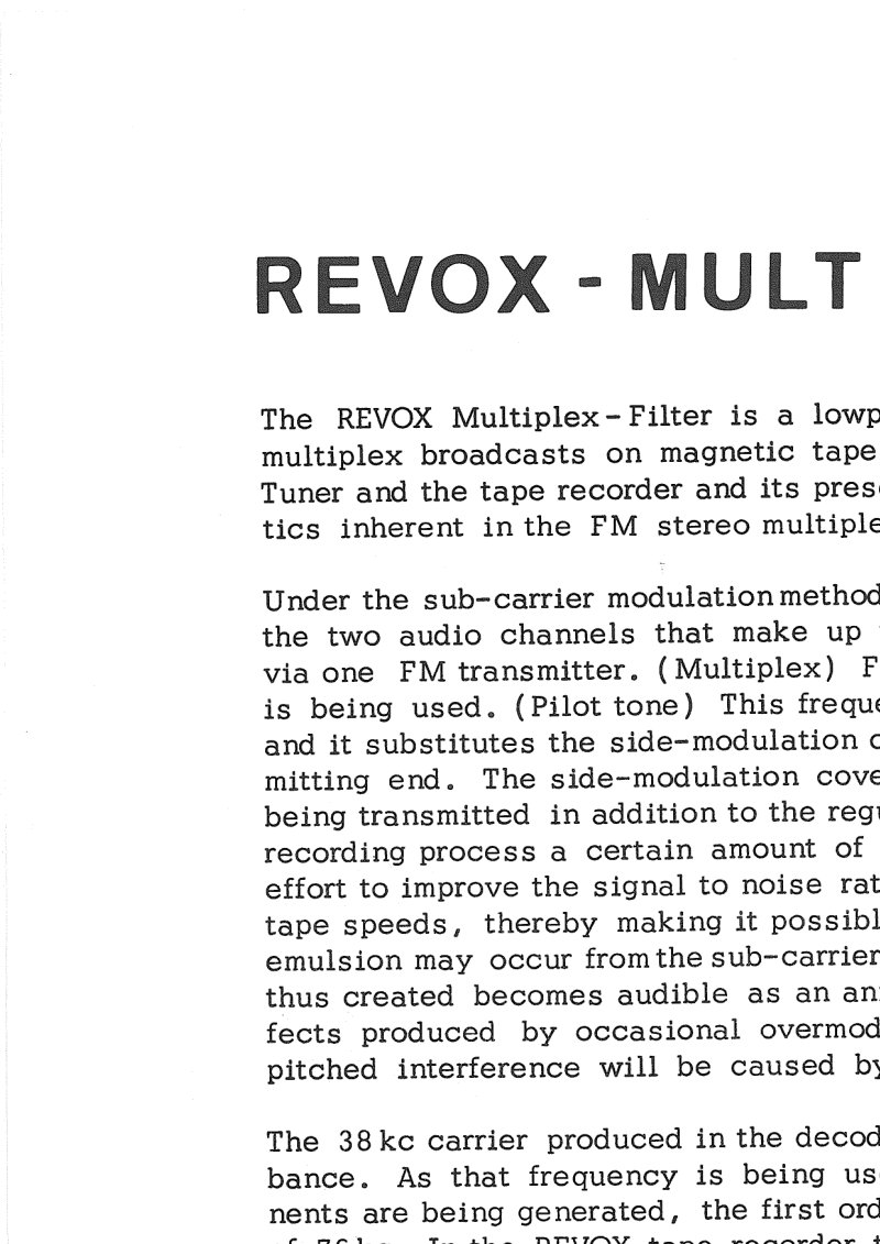 Revox Multiplex Filter - Technical Specifications and Circuit Diagram